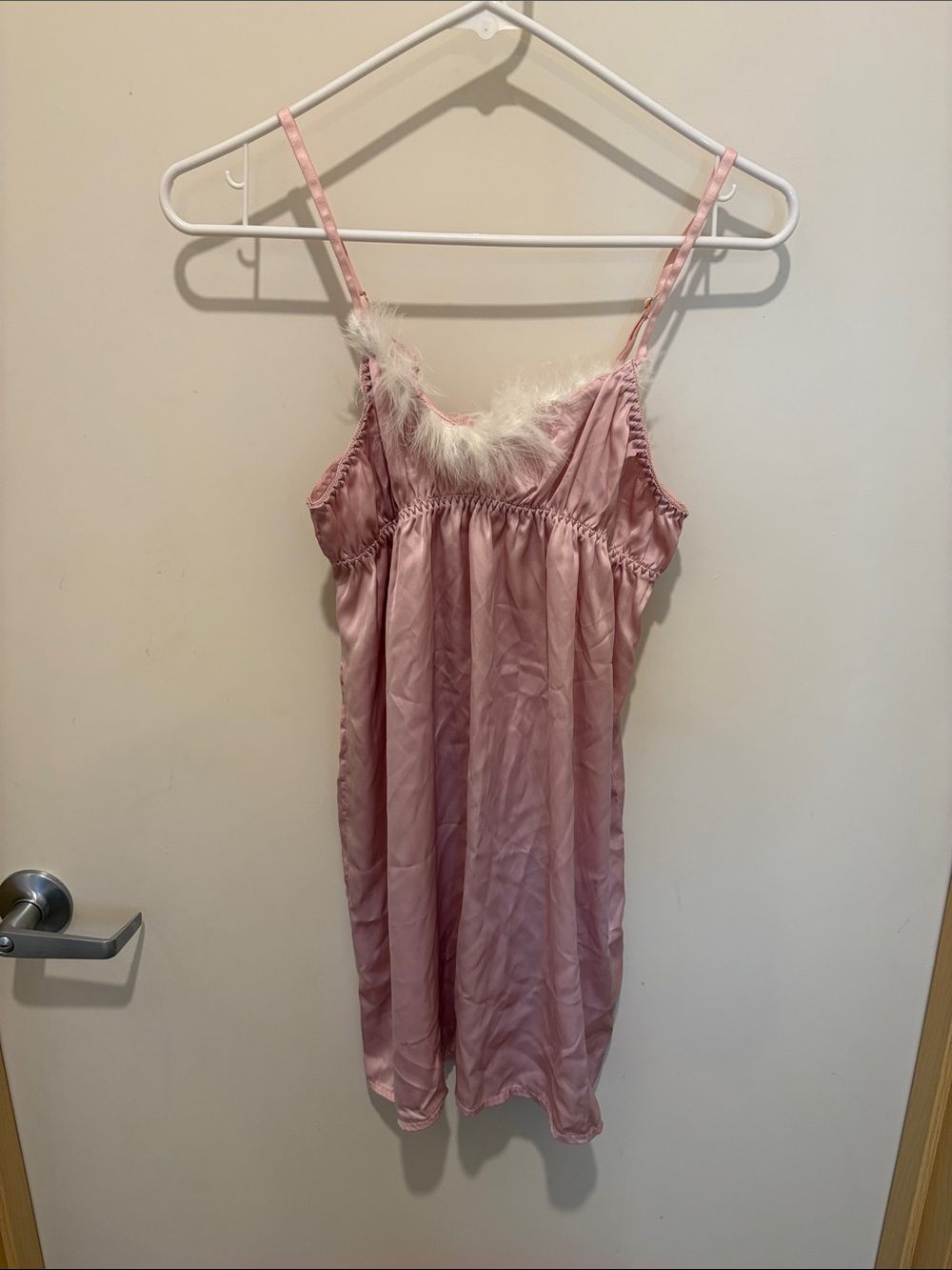 Fuzzy Trim Pink Satin Slip Nightgown